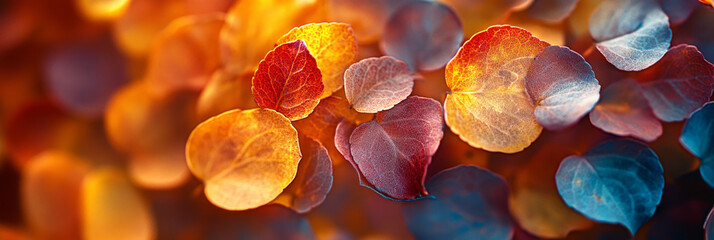 Wall Mural - colorful autumn leaves with vibrant orange, red, and blue tones on blurred background. fall season n