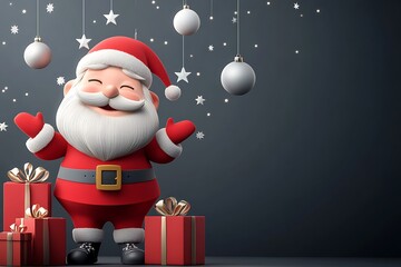 A cheerful Santa Claus, dressed in his traditional red outfit, stands happily among beautifully wrapped presents, spreading Christmas joy and festive cheer