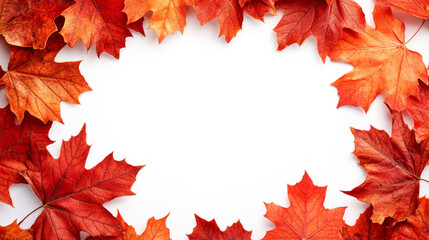 Wall Mural - autumn red and orange maple leaves arranged in a frame on a white background. flat lay composition w