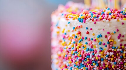 Poster - A close-up of a colorful cake covered in vibrant sprinkles, perfect for celebrations.