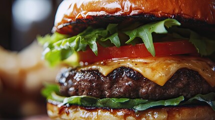 Wall Mural - A close-up of a delicious burger with lettuce, tomato, and melted cheese.