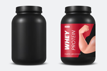 Big black protein jar mockup. Blank sports nutrition packaging with space for your design. Medical plastic bottle mockup. Realistic 3d style. Isolated on white. Vector illustration.