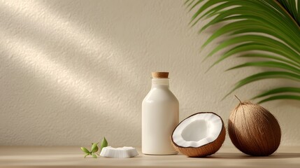 Two bottles of milk and a coconut on a green background. The coconut is cut in half and placed on the table