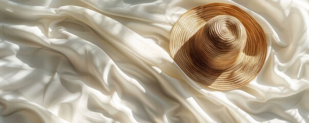 Wall Mural - Straw hat on soft, flowing white fabric under sunlight, evoking a sense of summer relaxation and elegance. Free copy space for banner.