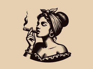 Cuba vintage retro emblem: Beautiful young Cuban woman smokes a cigar. Engraving black and white vector illustration, print