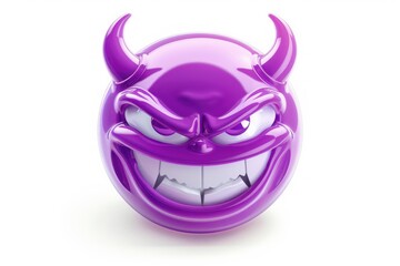 Wall Mural - purple devil face emoji icon with detailed textures and a glossy surface isolated on a white backgro