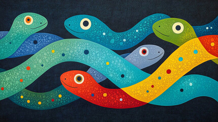 Wall Mural - Interesting stylish creative illustration with colorful abstract snakes