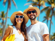 © Leon K - Close up portrait photo of a cheerful happy smiling couple wearing sunglasses and straw hats under a sunny bright blue sky, surrounded by tall palm trees. Positive summer travel vacation illustration.
