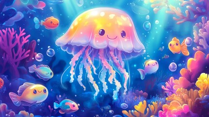 Wall Mural - Smiling jellyfish swims among colorful coral and fish.