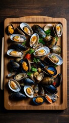 Poster - A colorful array of assorted fish, clams, and mussels neatly arranged on a wooden board, ready to be cooked, with space for text.