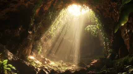 Poster - Sunbeams Through Cave Entrance