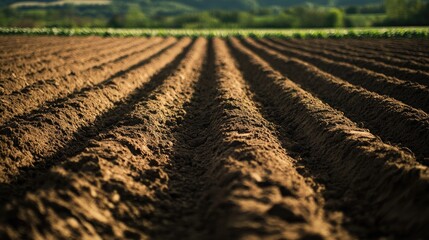 Canvas Print - A close-up view of freshly plowed soil in agricultural fields.