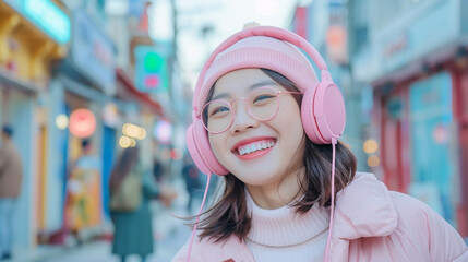 Wall Mural - Young cheerful girl with delightful smile wearing a pink jacket and a pink hat, portrait on street