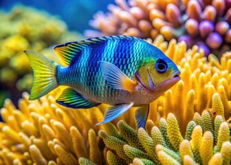 Wall Mural - Vibrant four-stripe damselfish swims in a coral reef's clear turquoise waters, its iridescent blue and yellow scales glistening in the sunlight amidst sea anemones.