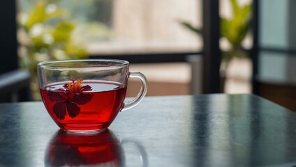 A transparent glass cup filled with hot red hibiscus tea, with ample space for text or design.