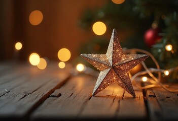 Sticker - Close up photo of a glittering star on a rustic wooden table with bokeh light in the back