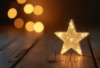 Sticker - Close up photo of a glittering star on a rustic wooden table with bokeh light in the back