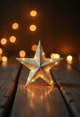 Poster - Close up photo of a glittering star on a rustic wooden table with bokeh light in the back