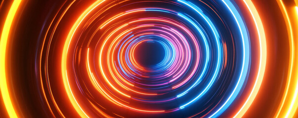 Wall Mural - A neon lighting background with a series of glowing orange and blue neon rings, creating a futuristic tunnel effect that draws the viewer in.