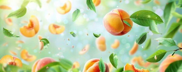 Wall Mural - Fresh peaches with green leaves arranged artistically, highlighting their vibrant colors and juicy texture. Free copy space for banner.