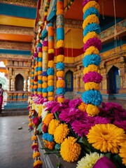 Wall Mural - Colorful floral garlands and offerings on display at a vibrant Hindu temple.