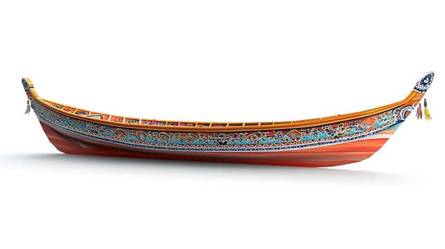 A traditional wooden boat with vibrant ornamentation, isolated on white, capturing its artistic heritage.