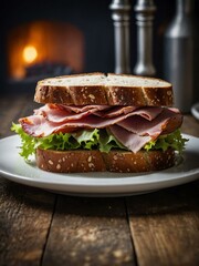 Wall Mural - Fresh ham sandwich served on rustic bread, offering a satisfying meal option.