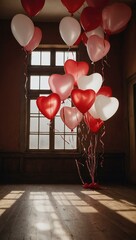 Wall Mural - Heart-shaped balloons fill a beautifully lit room, setting a romantic and inviting mood.