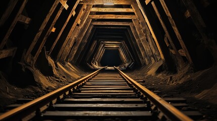 Canvas Print - A dimly lit mine tunnel with wooden supports and railway tracks leading into darkness.