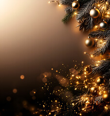 merry christmas magical golden christmas tree branch & lights & baubbles background; warm, cozy xmas