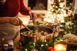 © Georgii - Woman cooking a festive meal in a cozy Italian kitchen on Christmas Eve with holiday decorations and warm lighting