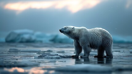 A lone polar bear traverses the icy terrain, its fur glistening in the twilightâ€™s soft light, as it navigates the stark, beautiful landscape of the Arctic