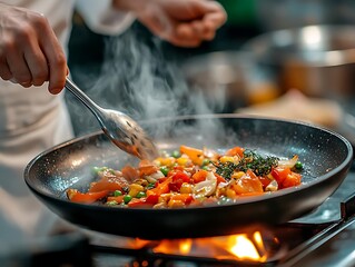 Wall Mural - Chef Sizzling Fresh Vegetables in Pan - Photo