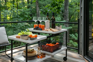 White outdoor folding serving cart with two shelves and black wheels, minimalist design, on upscale home's deck in summer.