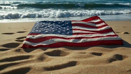 The American flag displayed over the sea and sandy beach with a rock.