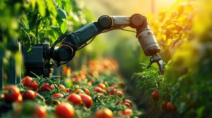 Poster - Automatic robot arm working in a smart farm, harvesting vegetables, demonstrating high-tech solutions in sustainable farming.