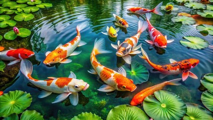 Wall Mural - Vibrant orange and white koi swim amidst lush green water lilies and soft ripples in a serene and tranquil Japanese-inspired garden pond scene.