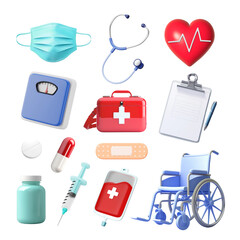 3d medical icon png element set, transparent background