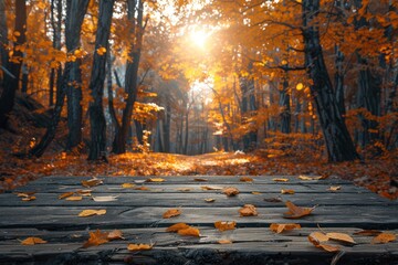 Wall Mural - Autumn Forest Sunlight on Rustic Wood Table for Product Display and Thanksgiving Ads