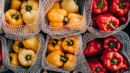 Vibrant red, orange, and yellow bell peppers burst with freshness in reusable mesh bags, symbolizing a commitment to sustainable shopping and a wholesome lifestyle. 