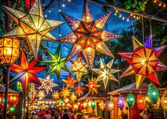 Vibrant Parol star lanterns and twinkling fairy lights adorn a festive holiday night market in a bustling Philippine town during the Christmas season.