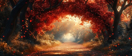 Sticker - Autumnal Pathway with Heart-Shaped Leaves and Sunbeams