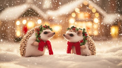 Two adorable hedgehogs wearing red scarves and wreaths, standing in snow with a glowing holiday backdrop