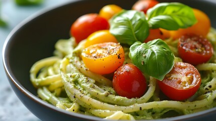 Avocado Pasta with Creamy Sauce and Fresh Tomatoes Topped with Basil