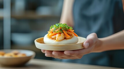 Wall Mural - A close-up of a hand holding a freshly made bao bun, the soft dough and savory filling steaming