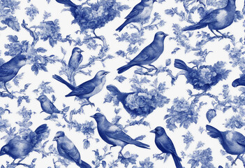 Wall Mural - Toile de jouy bird seamless pattern royal blue on white background Vintage Floral Seamless Pattern Elegant Graphics featuring delicate florals, birds, wildflowers, and romantic motifs