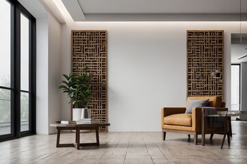 Wall Mural - A modern living room with a gray sectional sofa, white throw pillows, and potted plants on a wooden shelf against a white wall with recessed lighting