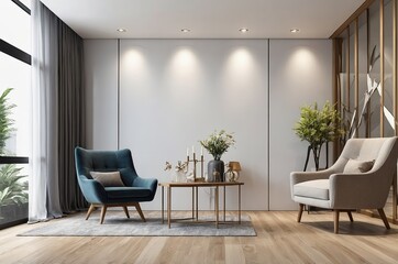 Wall Mural - A modern living room with a gray sectional sofa, white throw pillows, and potted plants on a wooden shelf against a white wall with recessed lighting