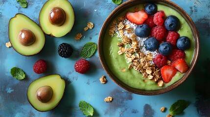 Vibrant Avocado Smoothie Bowl Topped with Fresh Berries and Granola