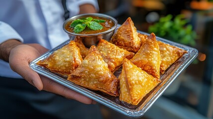 Canvas Print - A vendor serving hot, crispy samosas with tamarind chutney, the golden pastry tempting and aromatic